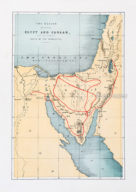 埃及地图和迦南之间的地区(以色列人的路线)圣地地图1860