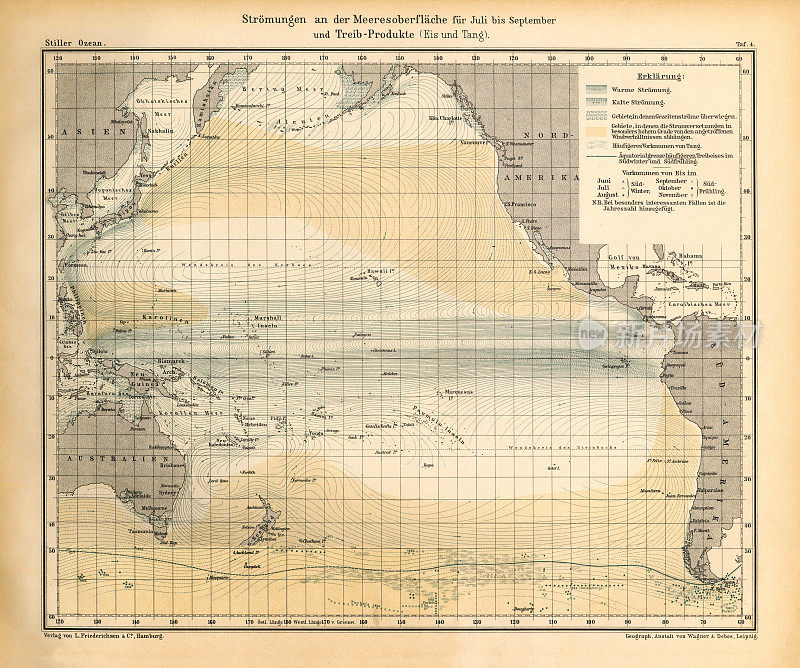 太平洋天气模式图，德国古董维多利亚雕刻，1896年