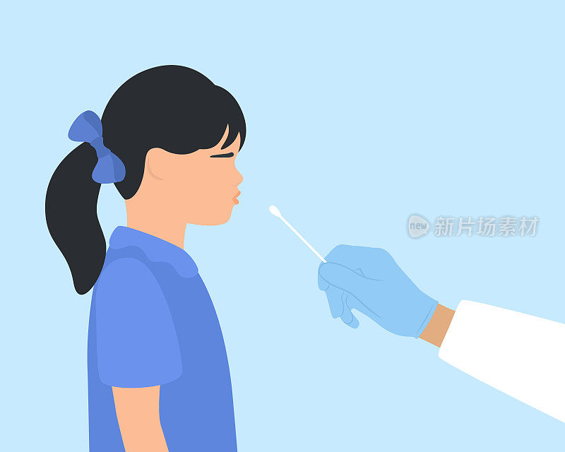 医生正在对小女孩进行棉签测试，以确定可能引起感染的细菌