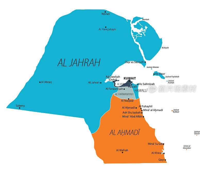 科威特的地图。科威特矢量彩色地图