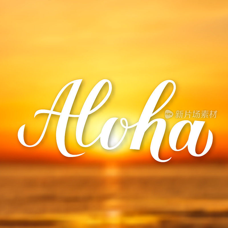 阿罗哈书法字母在明亮的背景与日落在海上。暑假横幅。手写夏威夷语短语你好。矢量插图。