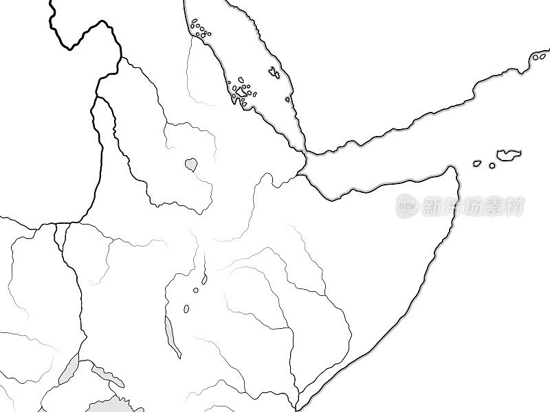 世界地图努比亚，埃塞俄比亚，索马里:努比亚(库什)，埃塞俄比亚(阿克苏姆，阿比西尼亚)，苏丹(苏丹)，索马里(普特)，尼罗河谷。非洲角半岛海岸线的地理图。