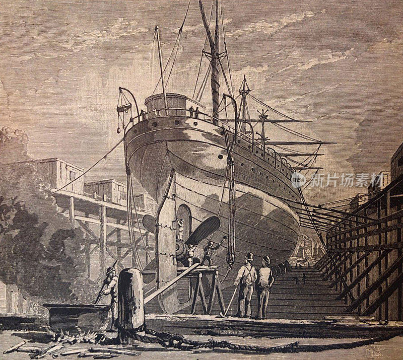 古董插图-纽约1881年-大型船舶在干船坞