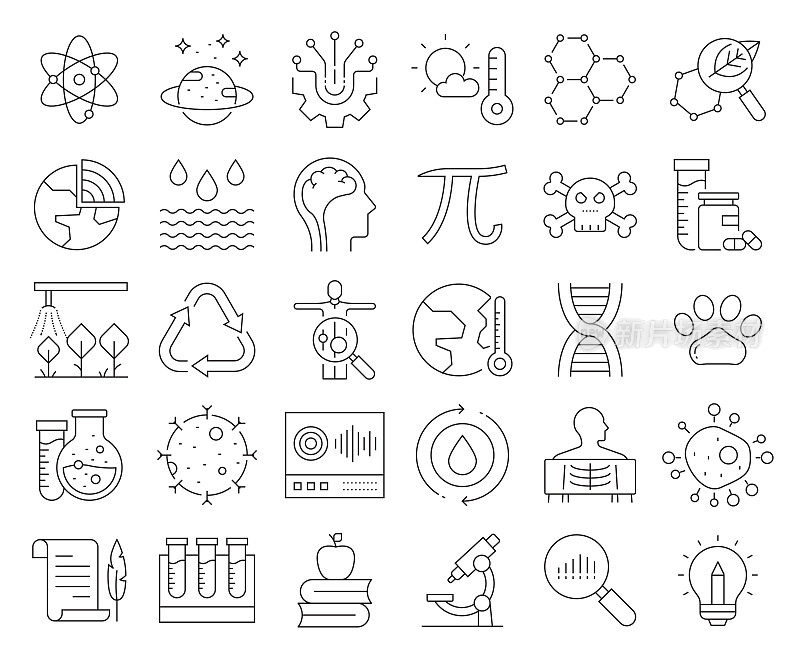 科学相关矢量线图标的简单设置。大纲符号集合。可编辑的中风