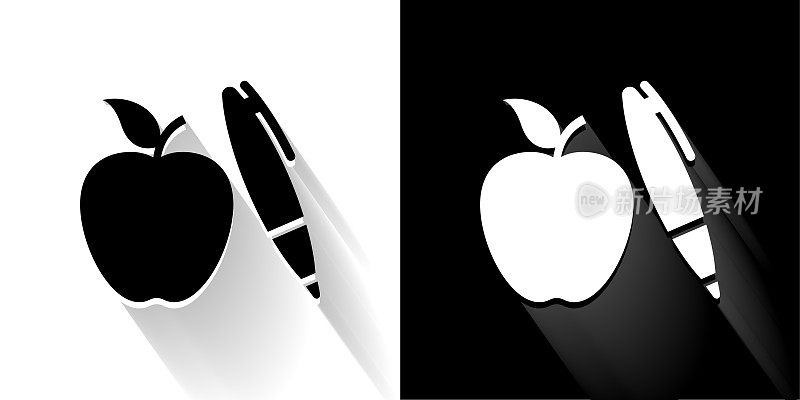 苹果和笔黑色和白色图标与长影子