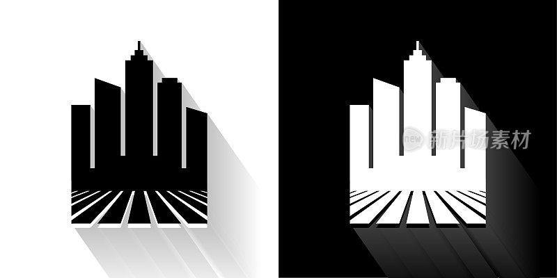 城市景观建筑黑色和白色图标与长影子