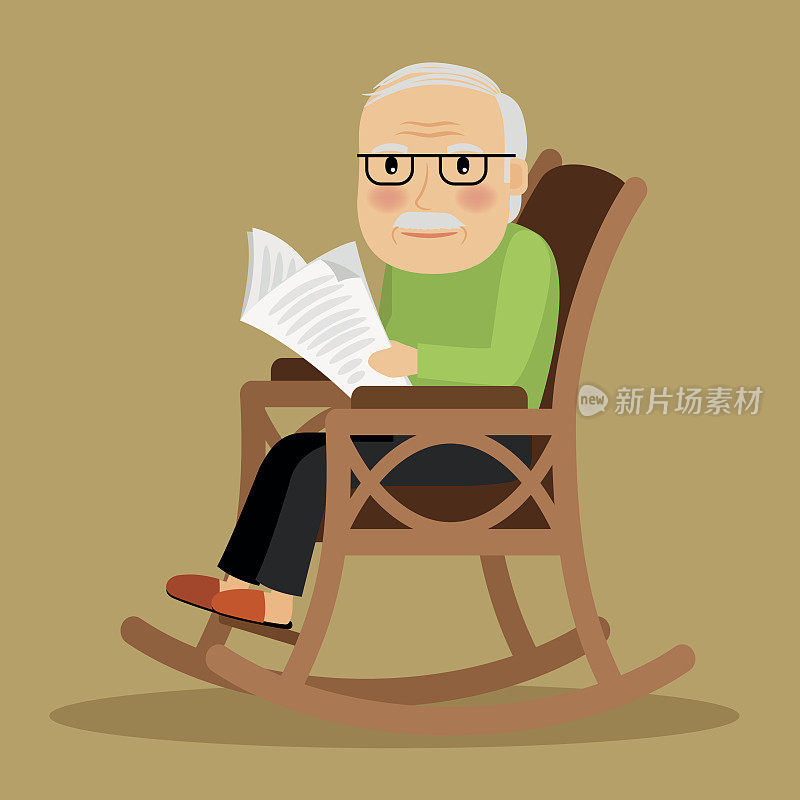老人坐在摇椅上看报纸