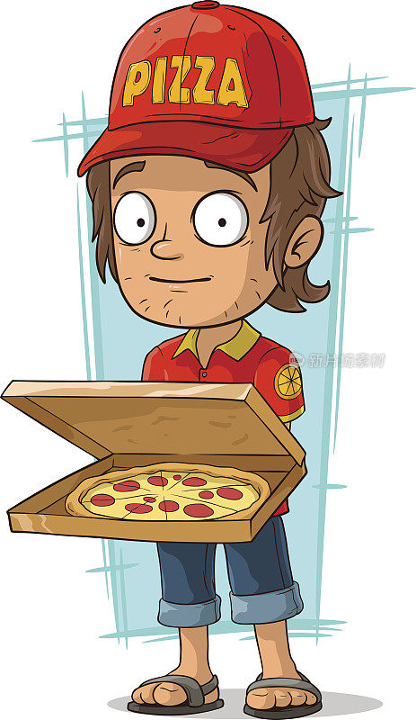 卡通快递员开着披萨盒