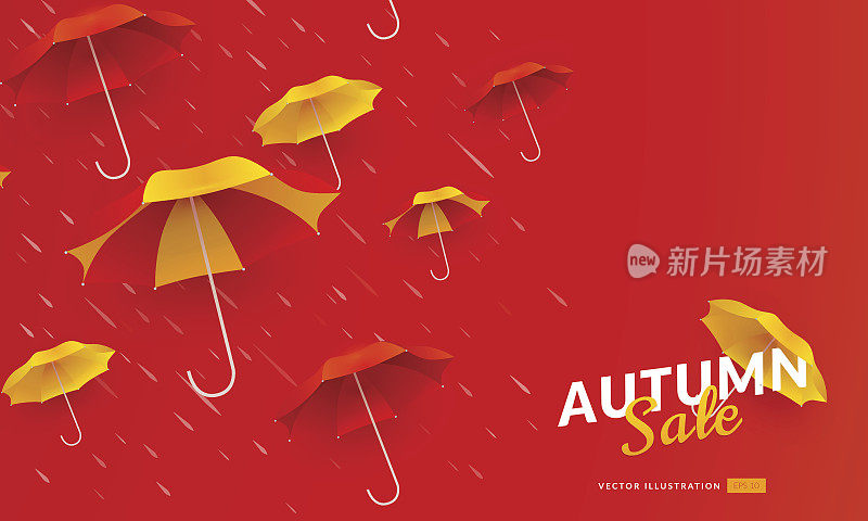 秋季促销海报模板与雨伞和雨水