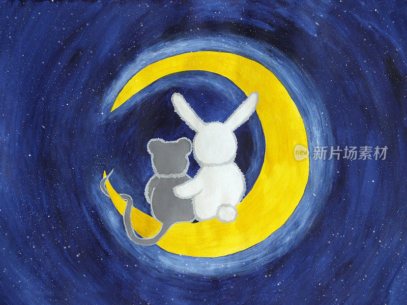 绘画。兔子和老鼠在月球上