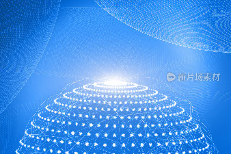 未来的蓝色背景，闪亮的球体，线框网格和全球网络