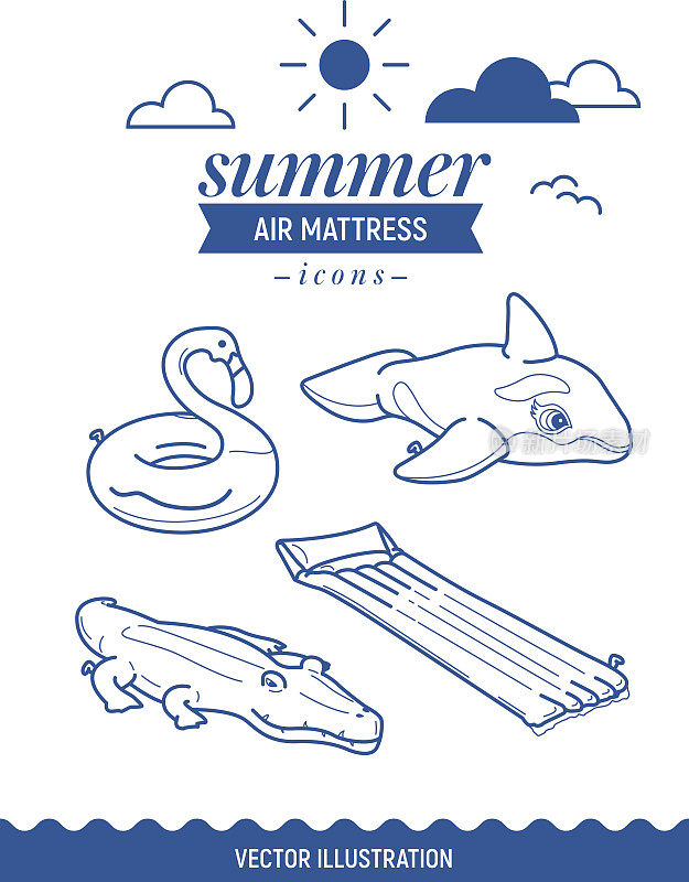 充气床垫图标设置。夏天用云朵和太阳勾勒图标。鲸鱼，鳄鱼，火烈鸟和基本的复古简单床垫