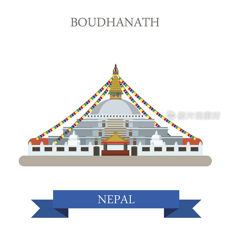 博德哈纳特，尼泊尔加德满都。平面卡通风格的历史景点展示景点网站矢量插图。世界各国城市度假旅游观光亚洲收藏。