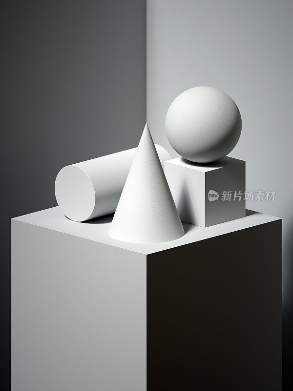3d渲染，雕塑原始形状，简单的艺术块，锥，球，圆柱体，立方体，古典艺术，光和影