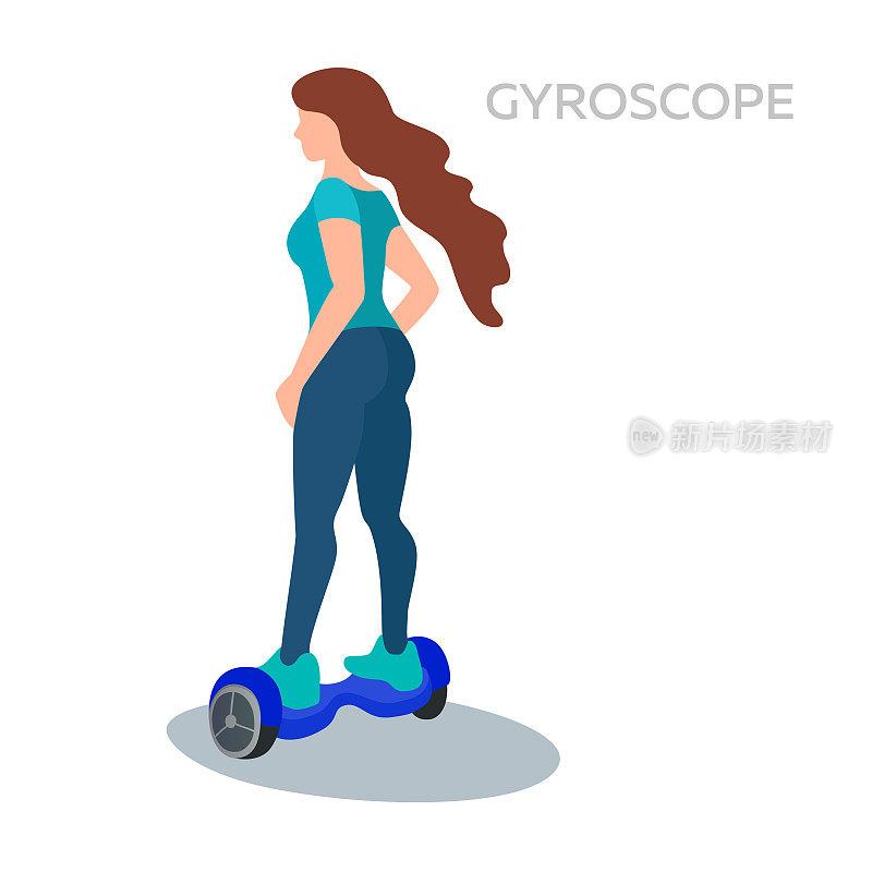 Gyroscooter。年轻女子骑着旋转滑板车。现代设备hoverboard。电动城市摩托车个人交通工具。矢量平面插图。