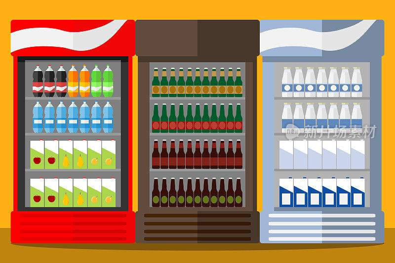 Showcase-refrigerator与饮料。啤酒，碳酸水，果汁，牛奶。