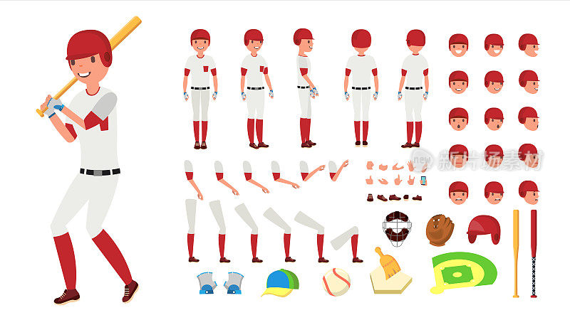 棒球运动员向量。动画角色创建集。美国棒球工具和设备。采购产品全长，前，侧，后视图，配件，姿势，面部情绪，手势。独立平面卡通插图