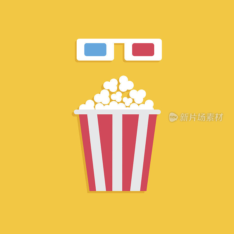 3D纸红蓝眼镜和大爆米花盒。电影电影图标在平面设计风格。黄色背景。