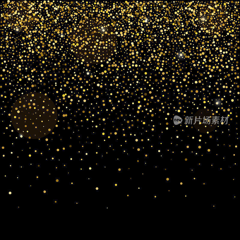 金色闪闪的气泡气泡香槟颗粒星星在黑色的背景，快乐的新年假期概念