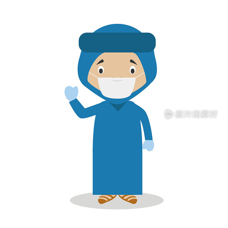 来自阿尔及利亚的人物穿着蓝色沙漠人的传统方式，戴着外科口罩和乳胶手套，以保护自己免受卫生紧急情况的影响