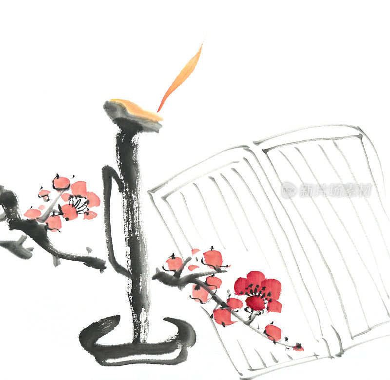 中国画的花，梅花和烛台