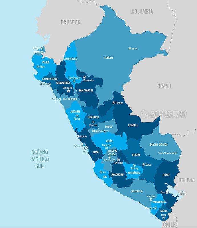 秘鲁国家详细的政治地图与孤立的省份，首都，地区，部门和城市容易拆组。