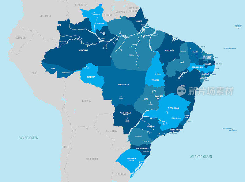 巴西国家政治地图与孤立的省份，地区，州，部门和城市，容易拆组。