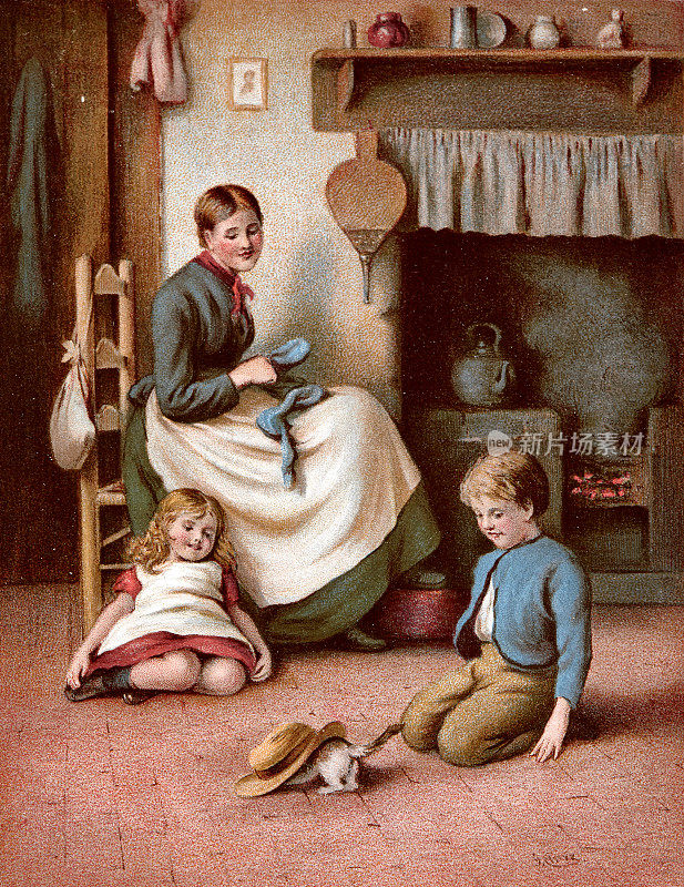 妈妈，女儿和儿子在厨房里，和一只猫玩