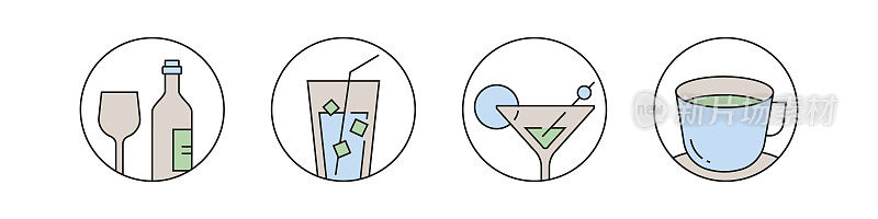 餐厅，食物和饮料相关的向量组线性平面图标和信息图形设计元素