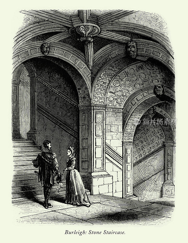 年份，英国维多利亚版画，伯利大厅，石头楼梯，莱斯特郡，英格兰，1875年