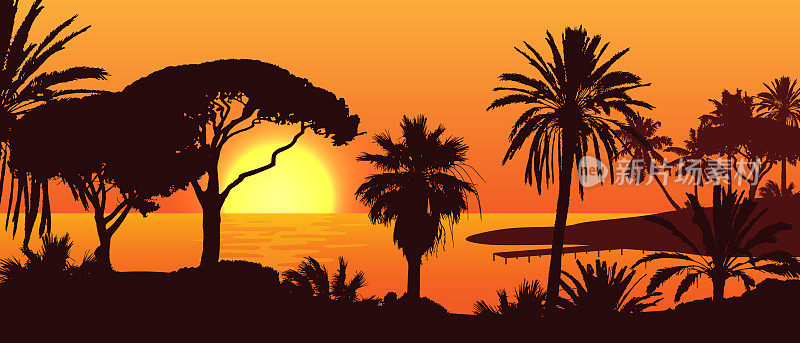 美丽的矢量景观与棕榈树的剪影在一个岛屿上日落。