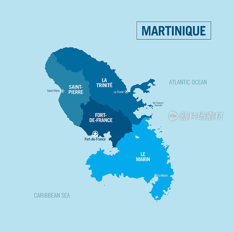 马提尼克岛国家政治地图。详细的矢量插图与孤立的省份，地区，部门，州和城市，容易解除组。