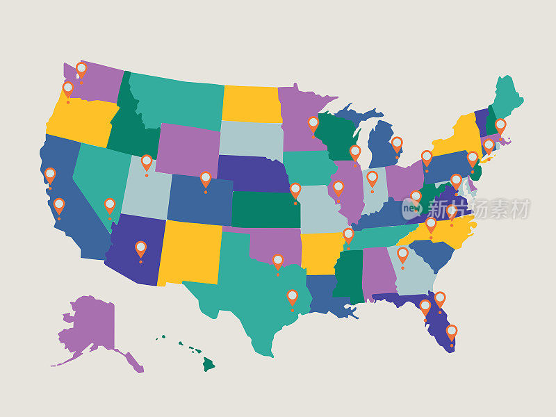 彩色的美国矢量地图插图与地图引脚