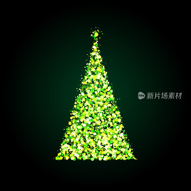 神奇的照明圣诞树由梦幻的灯在黑暗的背景。神奇的仙尘，闪耀的星尘。