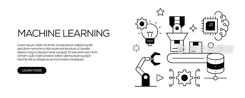 机器学习与技术相关的网页横幅线条风格。现代线性设计矢量插图的网站横幅，网站标题等。