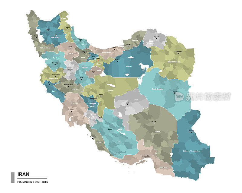 伊朗高细分详细地图。行政地图的伊朗与地区和城市的名称，彩色的州和行政区域。矢量插图。