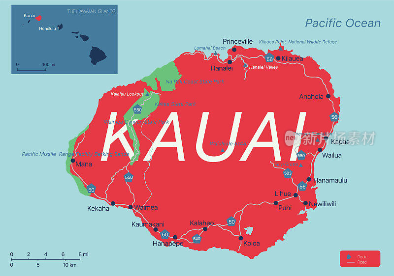 考艾岛详细的可编辑地图