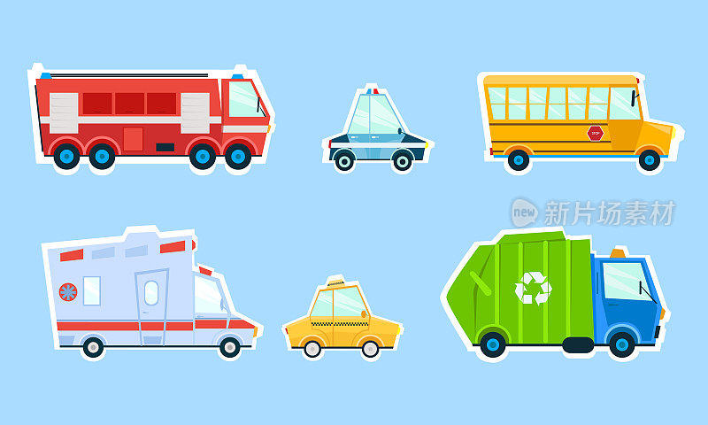 一套贴纸车。卡通车——消防车、出租车、警车、救护车、垃圾车。矢量插图。