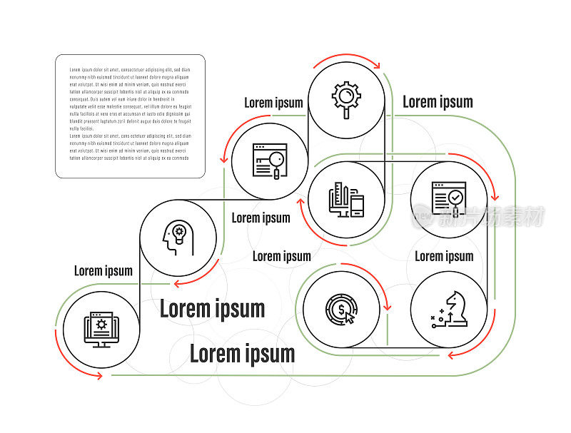 信息图表设计模板。内容管理，开发，关键字搜索，搜索优化，响应式设计，SEO报告，每点击支付，8个选项或步骤的战略图标。