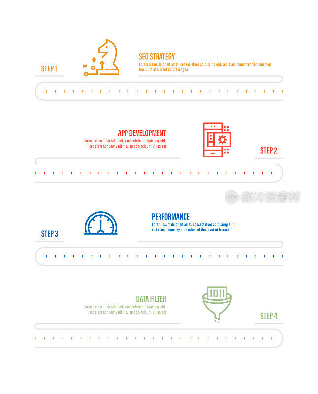 信息图表设计模板。搜索引擎优化策略，应用程序开发，性能，数据过滤器图标与4个选项或步骤。