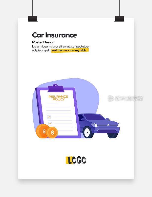 汽车保险概念平面设计海报，封面和横幅。现代平面设计矢量插图。