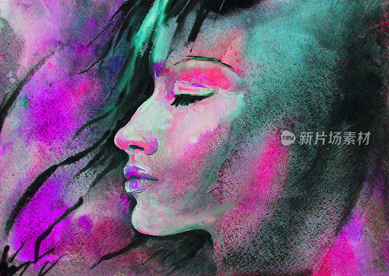 插图水彩肖像的一个年轻女子的侧面与长头发在风在明亮的夜晚灯光的背景