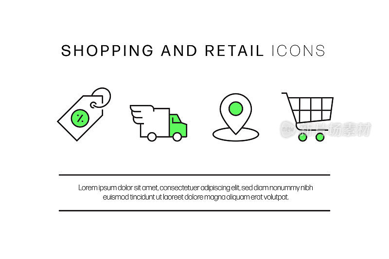 购物和零售相关的线路图标。向量符号说明。