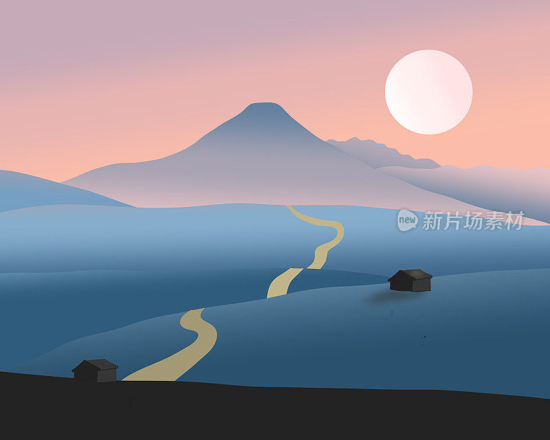 火山日落与丘陵，山峦和小径，极简主义绘画
