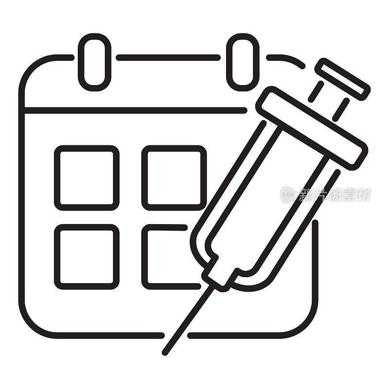 Covid-19流感病毒疫苗接种日历预约细线图标-可编辑的笔划