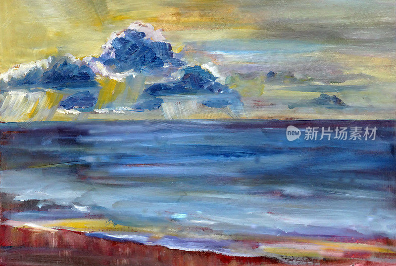 油画描绘了阳光明媚的夏日温暖的大海日落