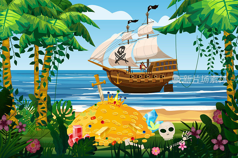 海盗船在海上航行。热带岛屿，宝藏金堆，热带，棕榈树，花卉，植物。海洋景观海岸，海滩，沙滩，冒险，游戏。矢量图