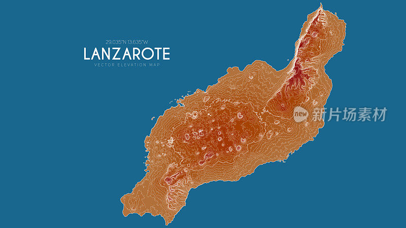 西班牙加那利群岛兰萨罗特岛地形图。矢量详细高程地图的岛屿。地理优美的景观轮廓海报。
