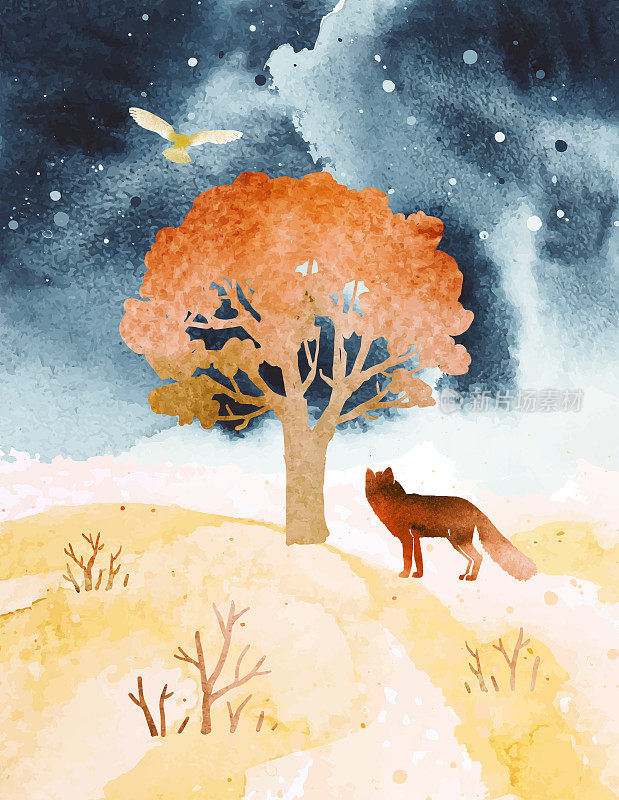 水彩抽象秋季矢量景观。树，猫头鹰和狐狸在繁星点点的夜空下。设计印刷，海报，明信片，旗帜。