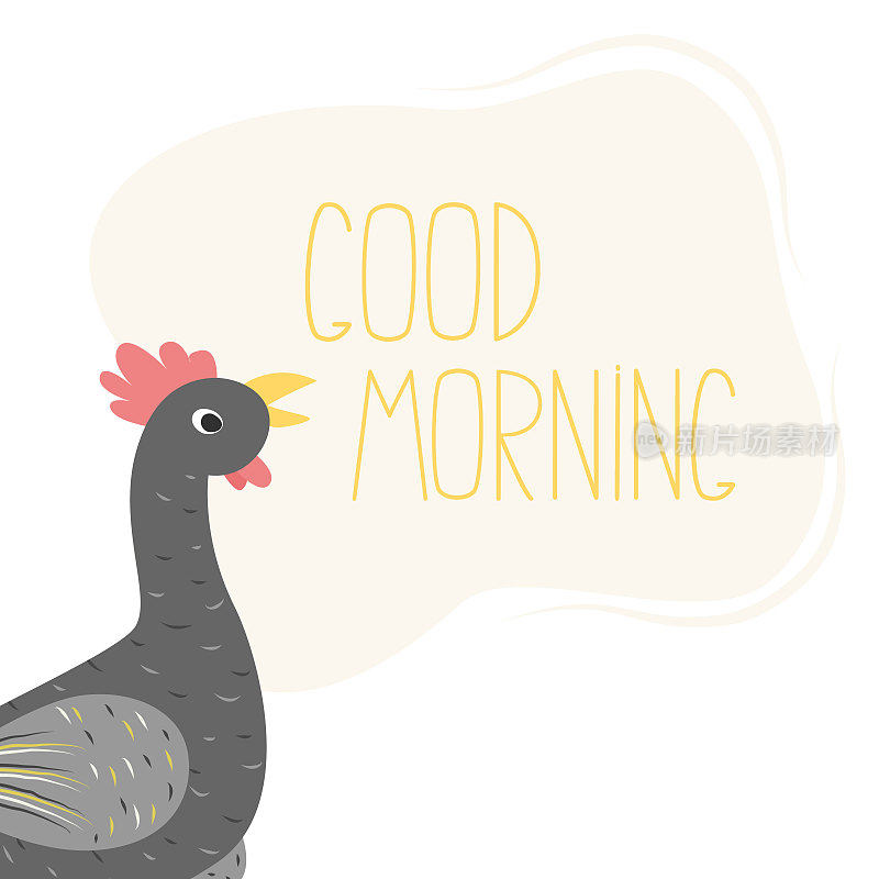 早上好。矢量插图的公鸡，哭泣和醒来。起床和祝早安的概念图